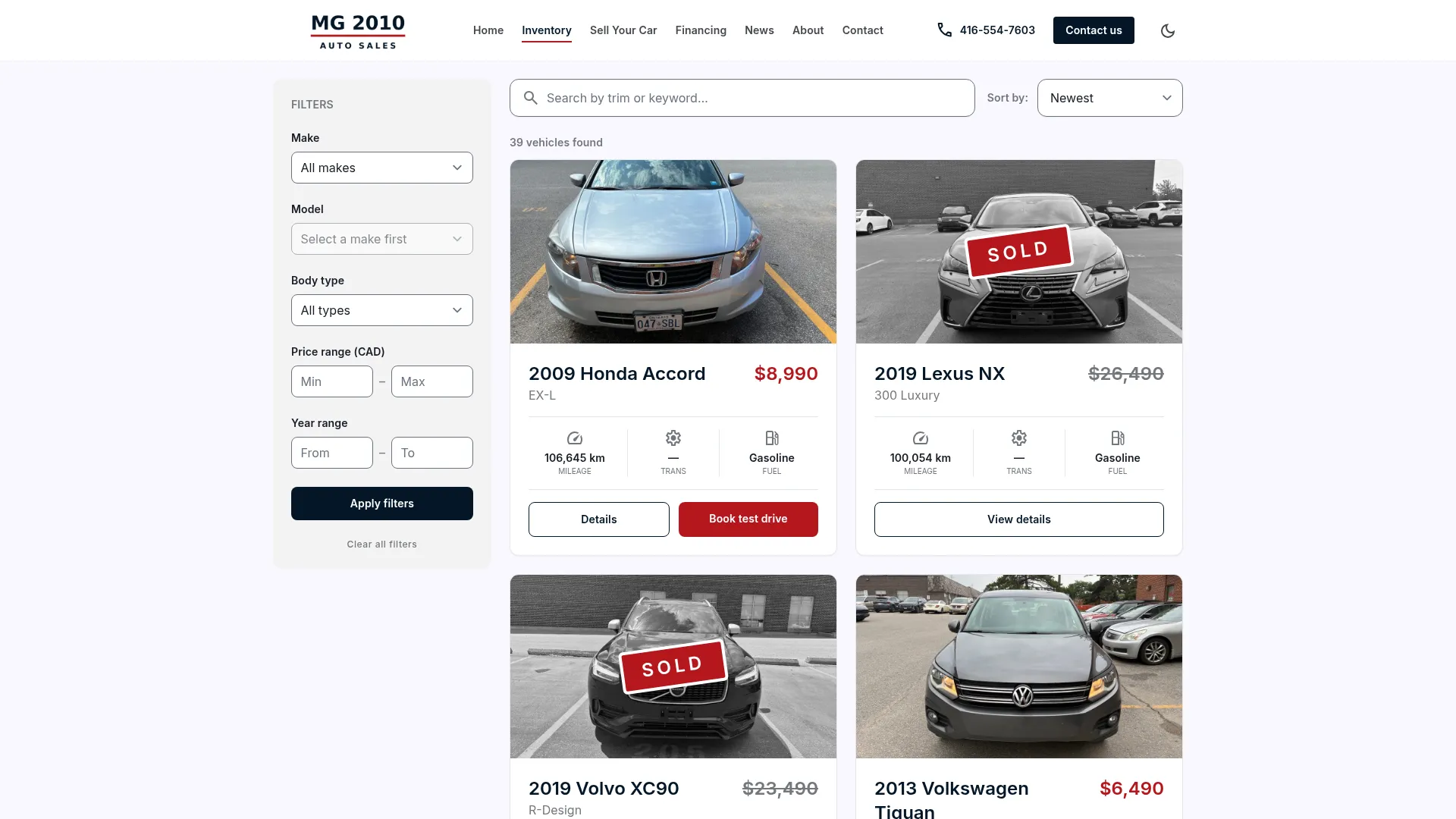 MG 2010 Auto Sales website