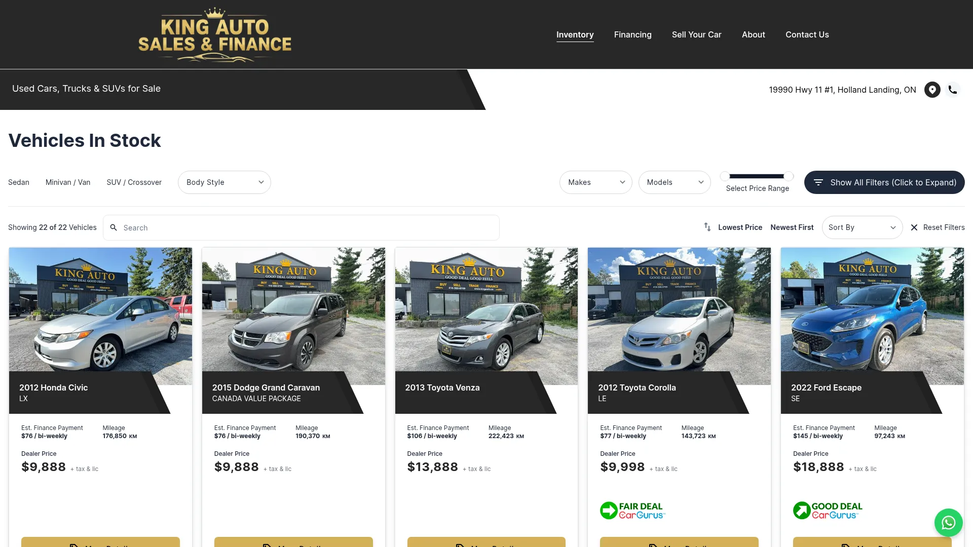 King Auto Sales & Finance website
