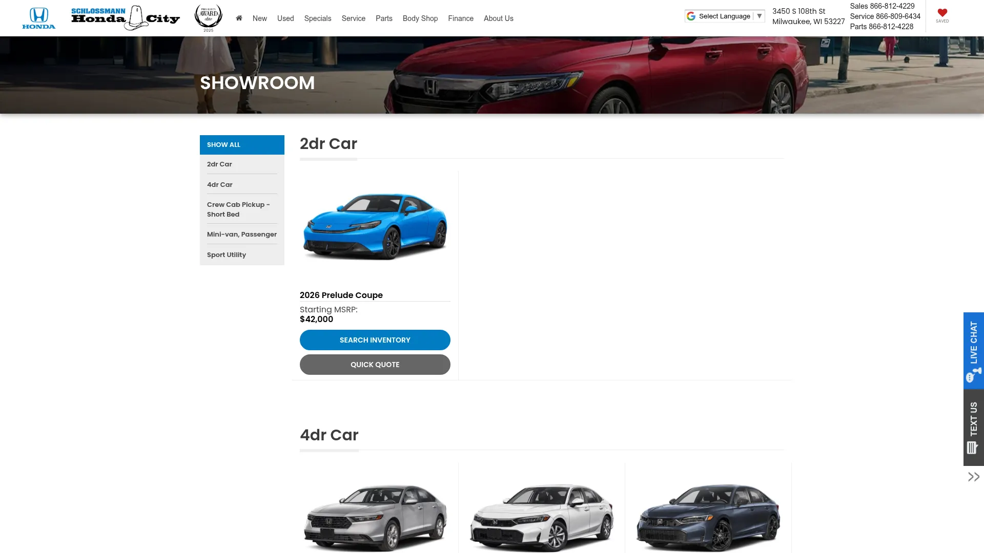 The dealer inventory page as a shopper sees it, rendered in a browser