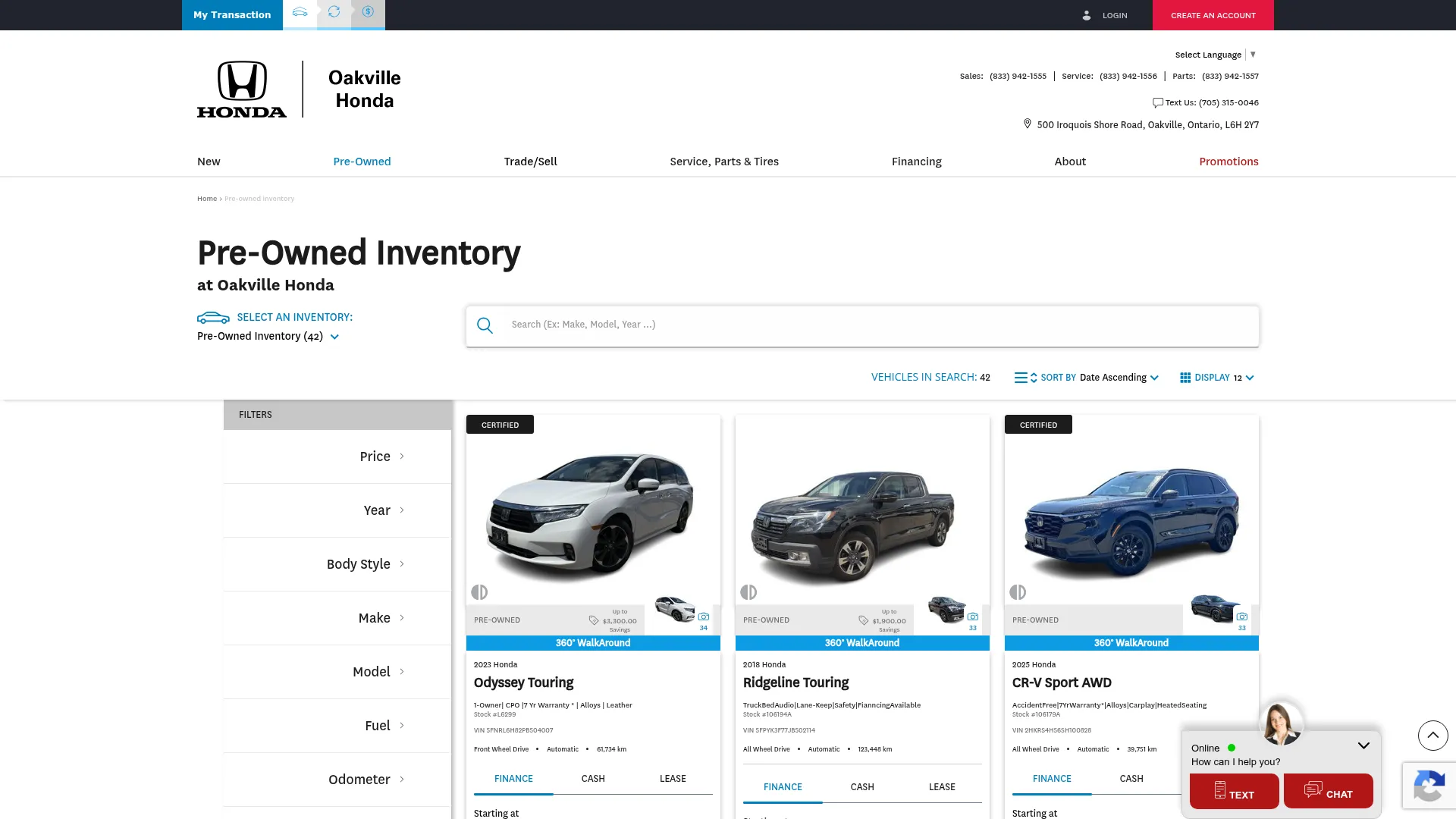 Oakville Honda website